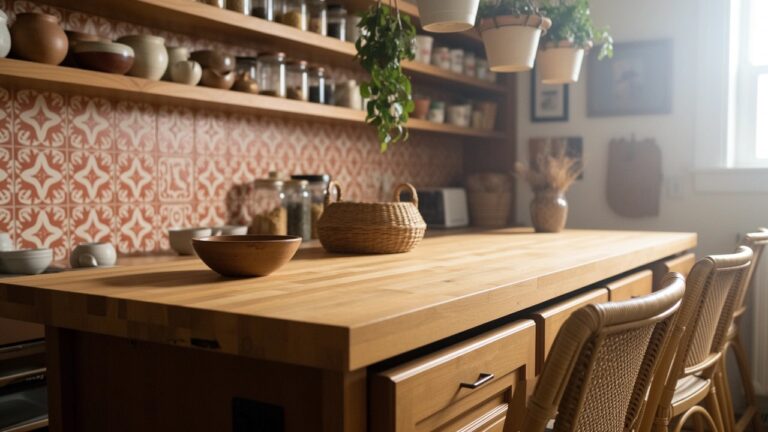 Wooden kitchen island with drawers and rattan stools in a boho kitchen with open shelves of terracotta pots, plants, and patterned orange tile backsplash