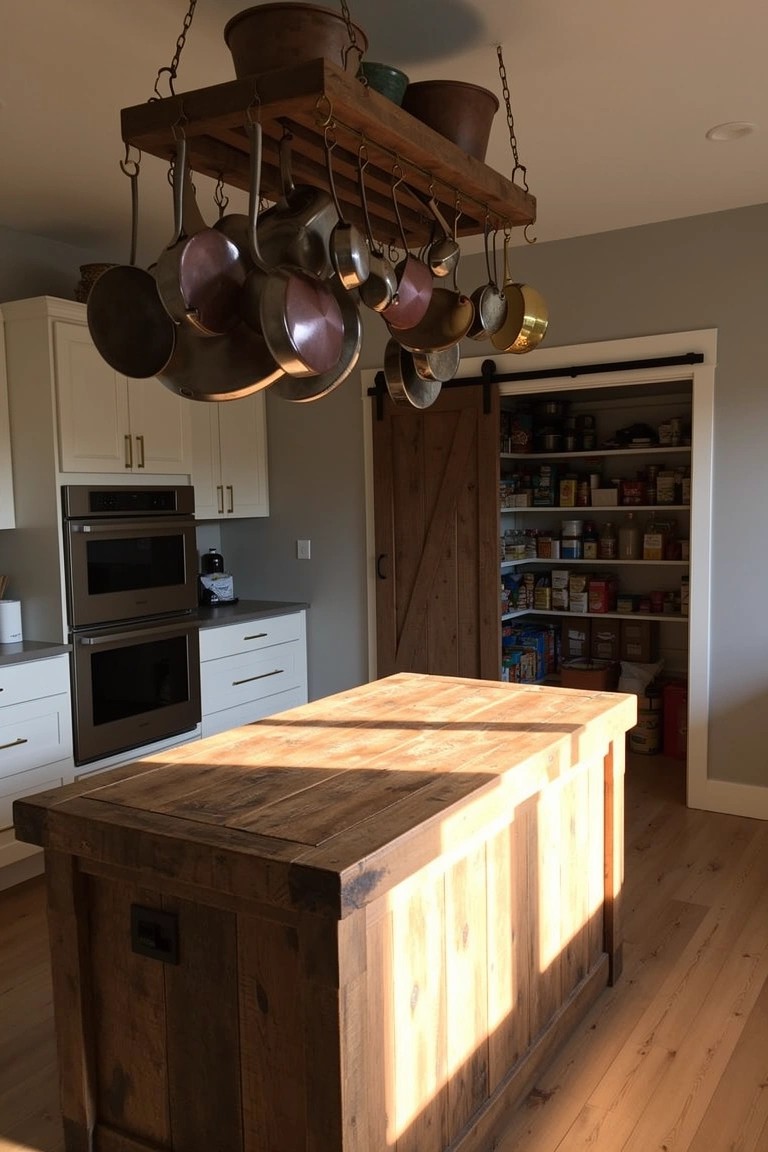 Rustic boho kitchen with wooden island, copper pots suspended from overhead wooden rack, white cabinets, and open barn door pantry
