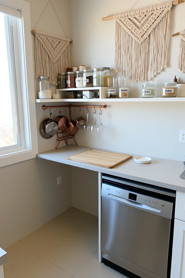 Boho kitchen corner with copper pots and wine glasses hanging from a rack, open shelves stocked with labeled jars, macrame wall hangings, and neutral counters near a dishwasher
