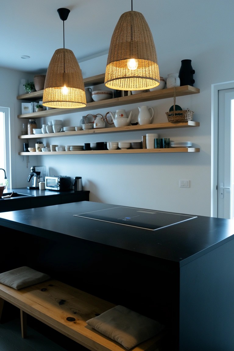 Boho kitchen with black island featuring built-in wooden bench and cushions, under woven pendant lights, next to open shelves with ceramics