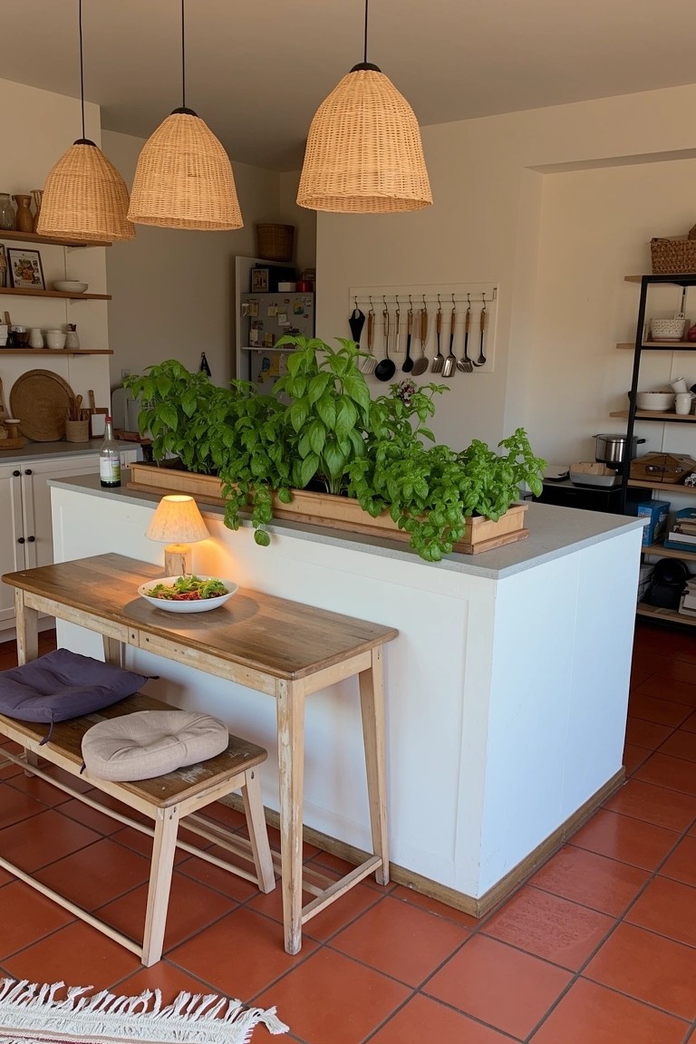 Boho kitchen with white island topped by wooden counter and rectangular basil planter box, rattan pendant lights overhead, wooden bench, open shelves, terracotta tile floor