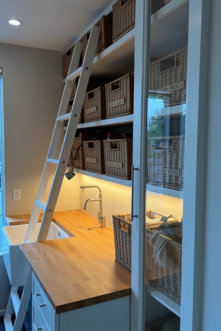 Tall white shelving unit with wicker baskets and leaning ladder next to wooden kitchen counter and sink