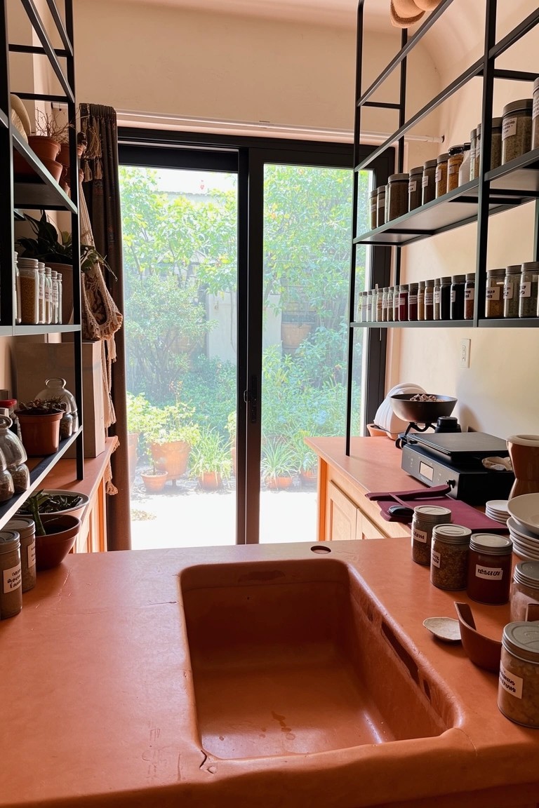 Boho pantry with open black metal shelves stocked with spice jars, terracotta sink on wood counter, and sliding door to garden.