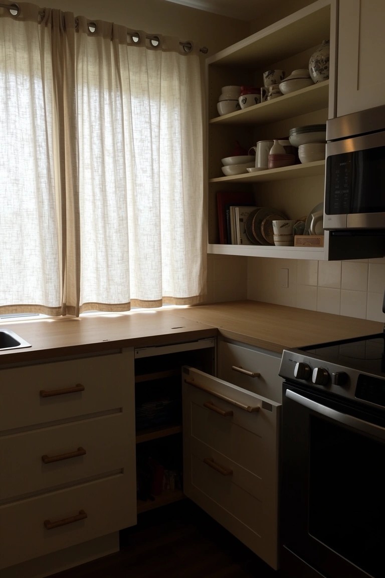 Bright kitchen corner with open wooden shelves displaying stacked dishes and bowls, light cabinets with wooden pulls, sheer curtains on window, stainless appliances