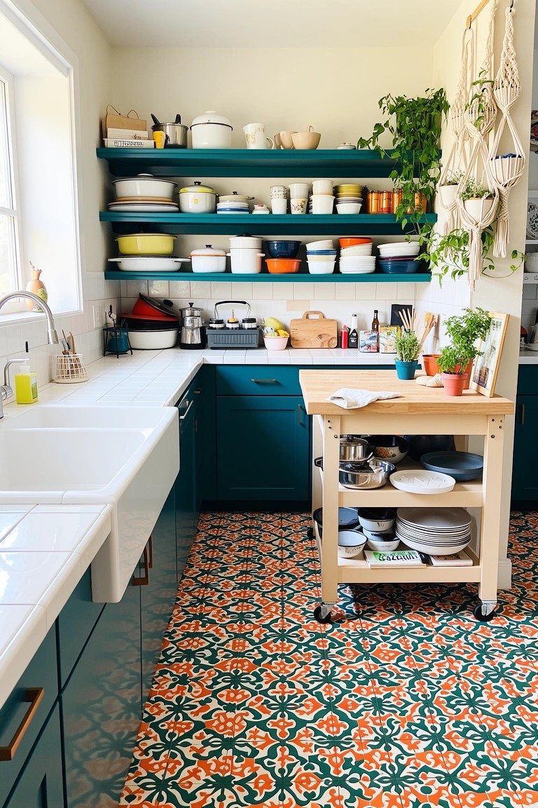 Boho kitchen featuring teal open shelves stocked with colorful stacked dishware, a wooden rolling cart holding plates, and vibrant patterned floor tiles