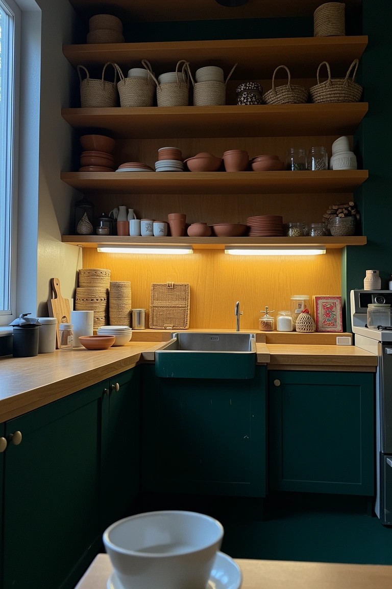 Cozy boho kitchen corner with sage green cabinets, light wood counters, and open shelves stocked with assorted woven baskets and pottery above the sink
