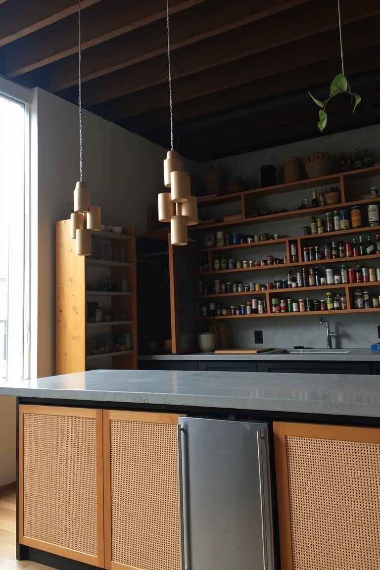 Boho kitchen with open wooden shelves stocked with colorful jars and cans, rattan-fronted island, hanging wood pendant lights, and exposed ceiling beams