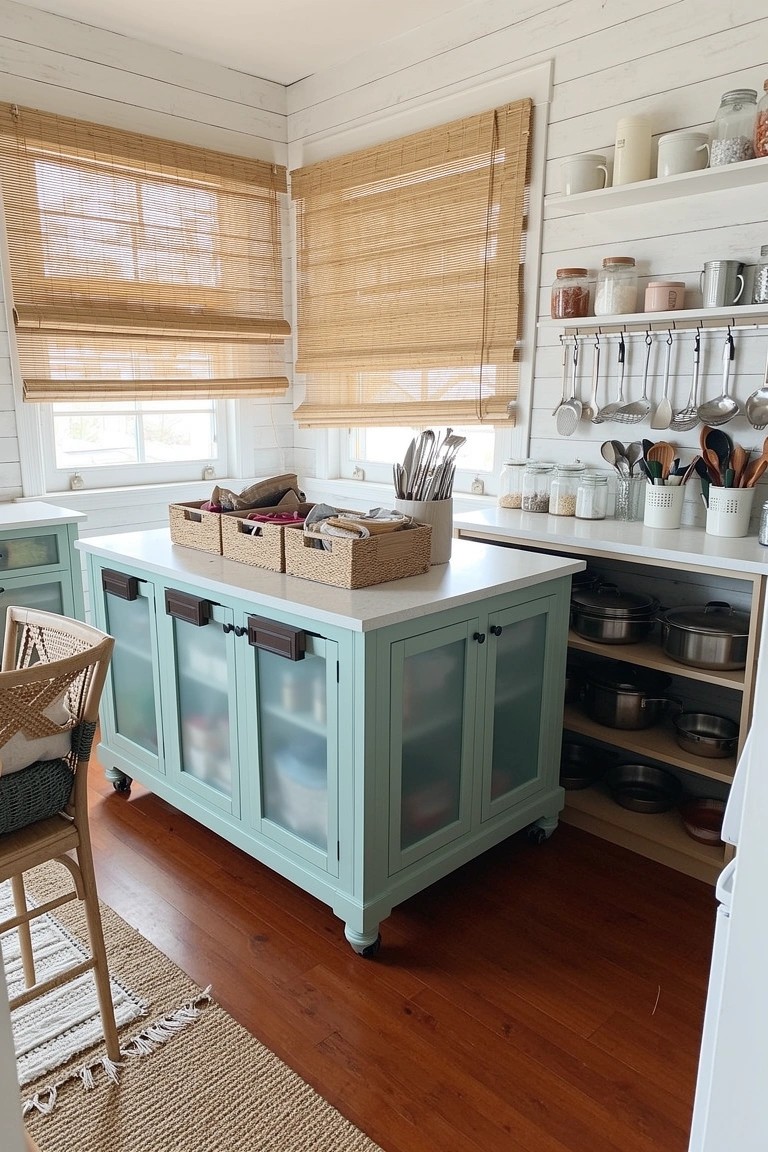 Teal rolling kitchen island with glass-front cabinets and woven baskets on top holding utensils, in a white shiplap boho kitchen with bamboo blinds