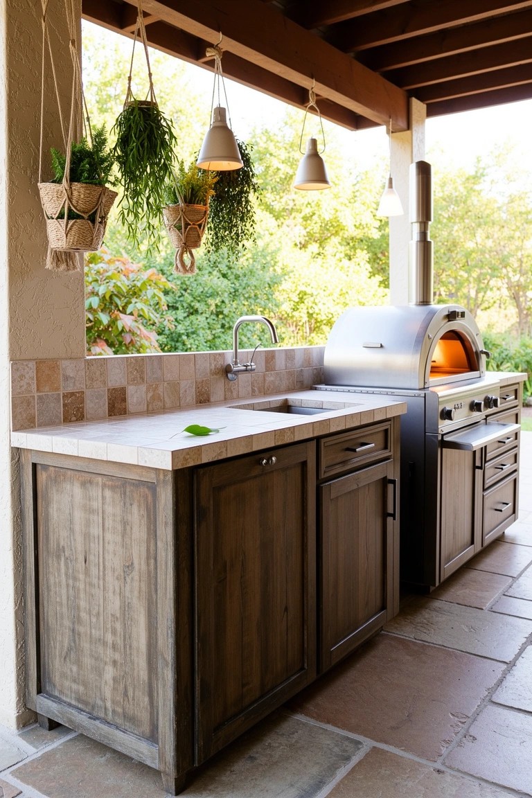 Outdoor boho kitchen counter with rustic wood cabinets, sink, stainless steel pizza oven, tiled backsplash, and hanging plants under a covered patio