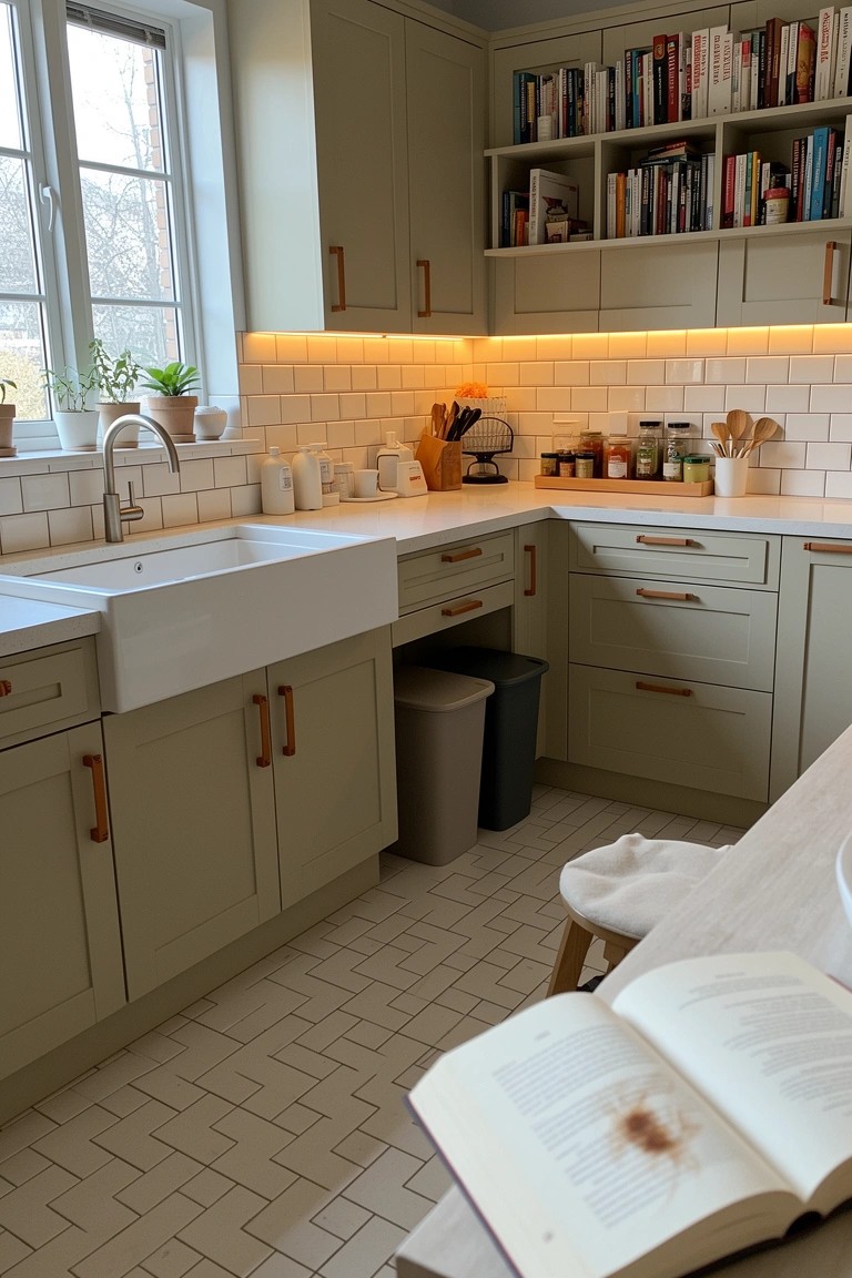 Sage green cabinets in a cozy boho kitchen with white farmhouse sink, subway tile backsplash, open shelves stocked with jars and cookbooks, and wood accents on counters