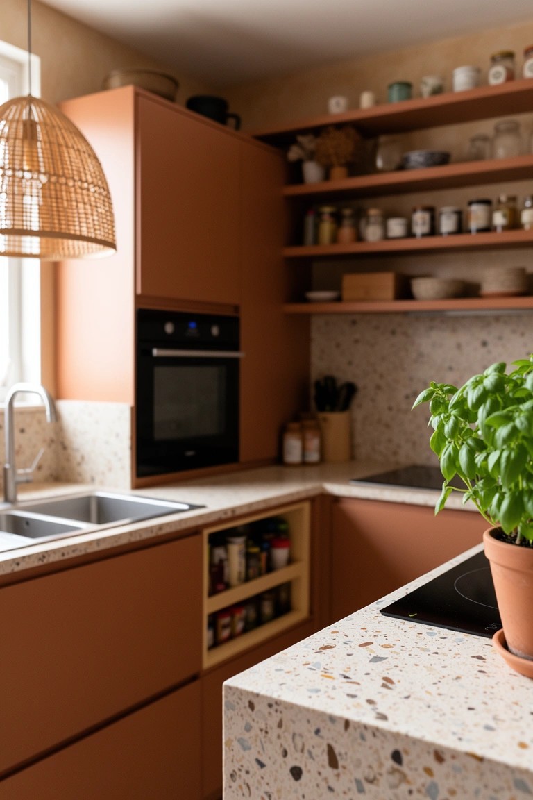 Boho kitchen with terracotta cabinets, terrazzo countertop, rattan pendant light, open shelves stocked with glass jars, and potted basil plant on the counter