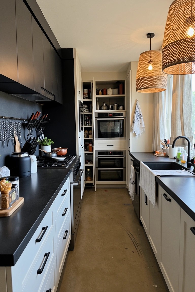Narrow boho galley kitchen featuring a magnetic wall rack with hanging knives and utensils next to the cooktop, rattan pendant lights, black upper cabinets, and white lower cabinets.