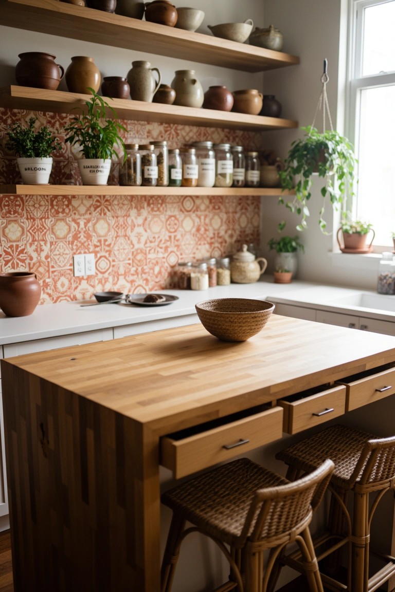 Wooden kitchen island with drawers and rattan stools in a boho kitchen with open shelves of terracotta pots, plants, and patterned orange tile backsplash