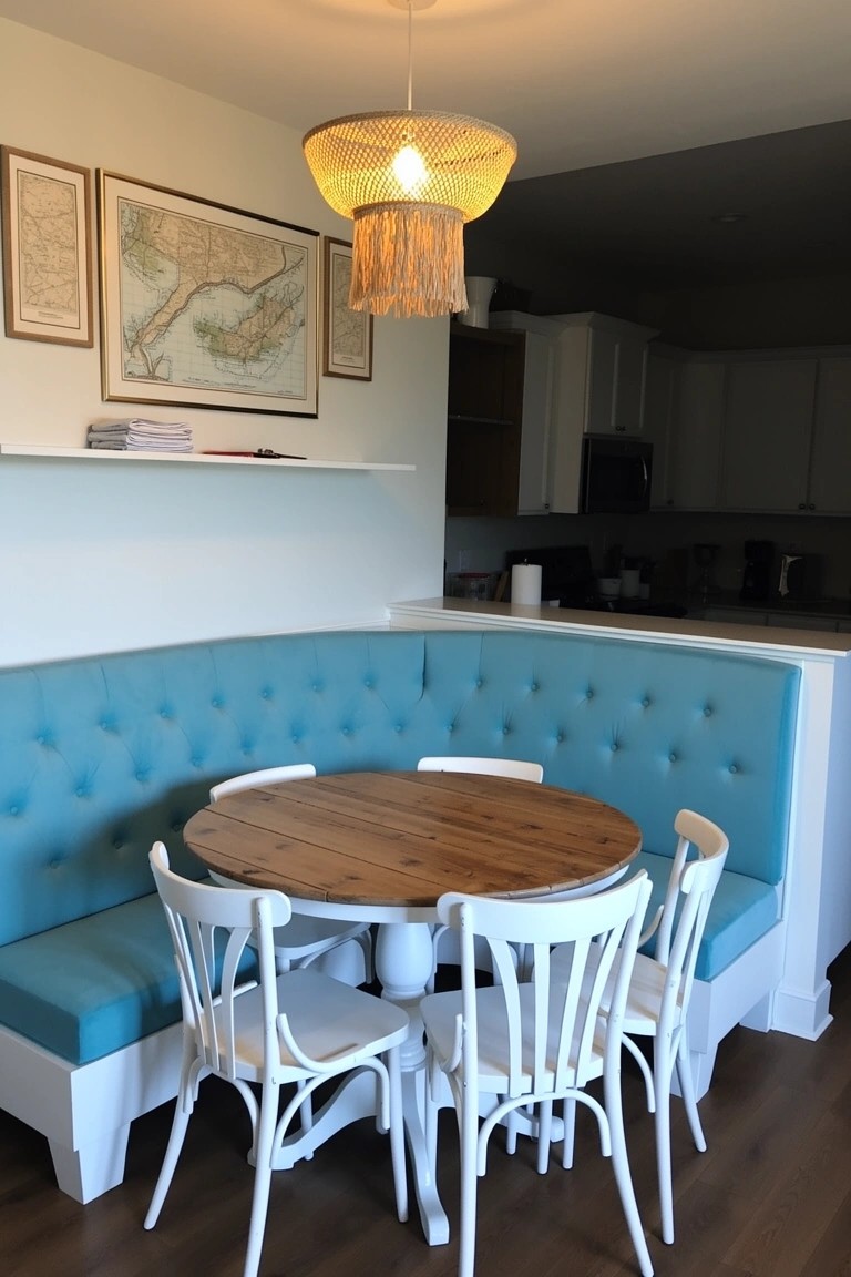 Turquoise upholstered corner banquette with round wooden table and white spindle-back chairs in a light kitchen nook