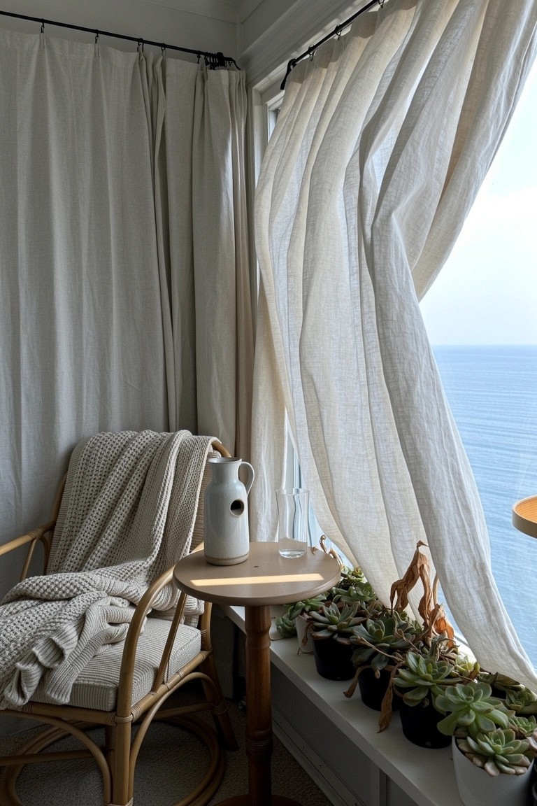 Rattan armchair with knitted throw in a light-filled window nook, sheer white curtains billowing toward ocean view, small table with white jug and potted succulents