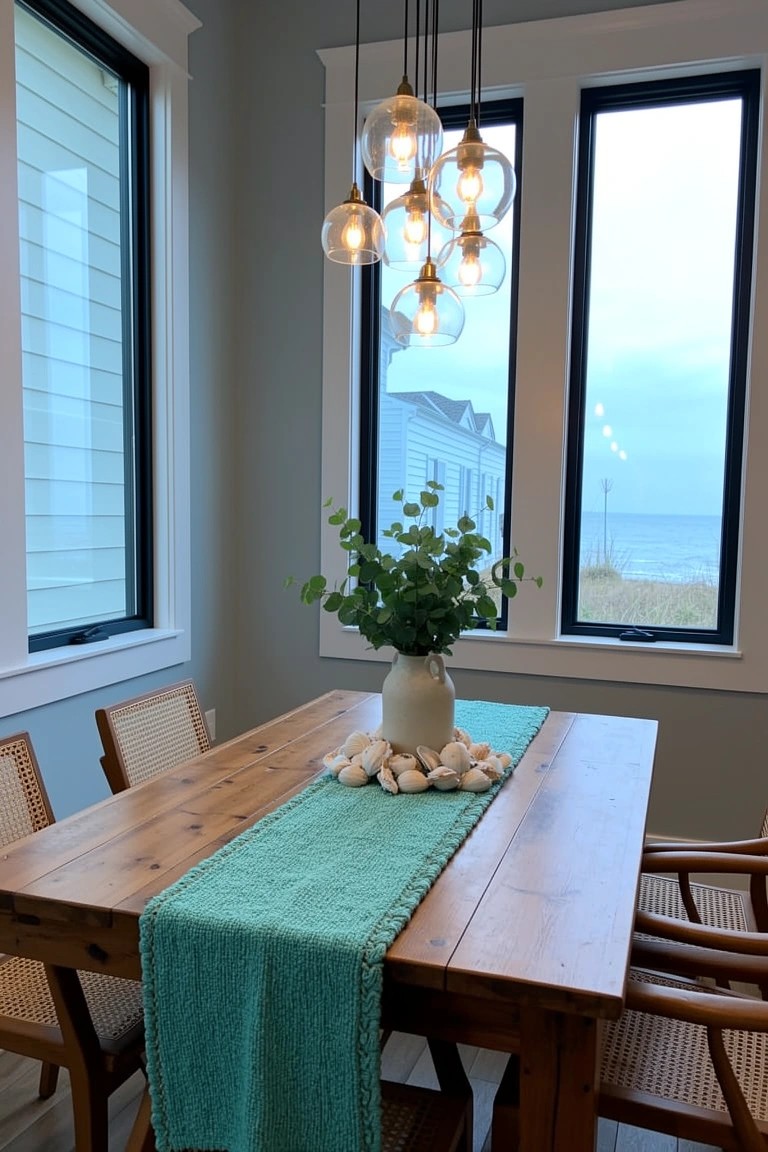 Corner dining nook featuring a wooden table with turquoise runner, seashells, and eucalyptus vase, surrounded by large black-framed windows overlooking the ocean