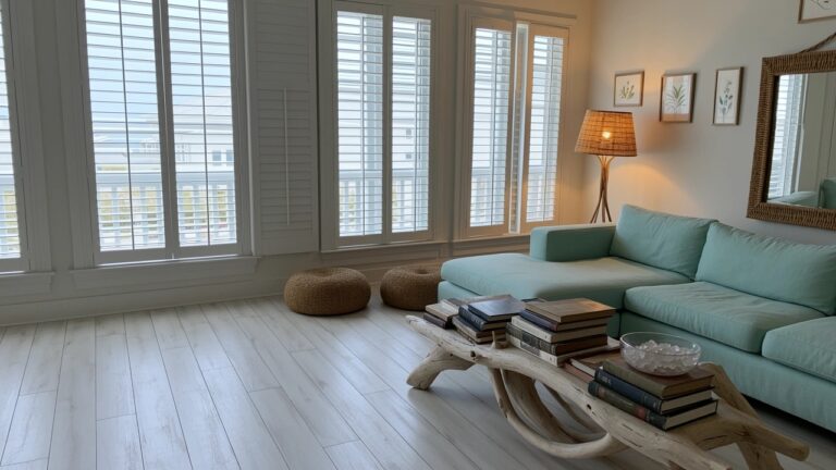 Coastal living room with light blue L-shaped sofa, natural wood coffee table stacked with books and blue candies, woven poufs, lamp, and shuttered windows overlooking the ocean.