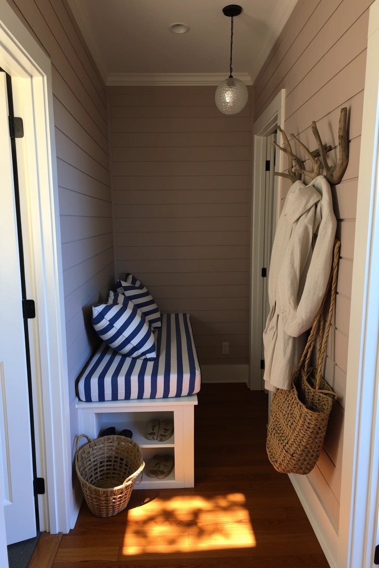 Narrow hallway with built-in bench, blue striped cushions, wicker shoe baskets, and driftwood hooks holding coat and bag