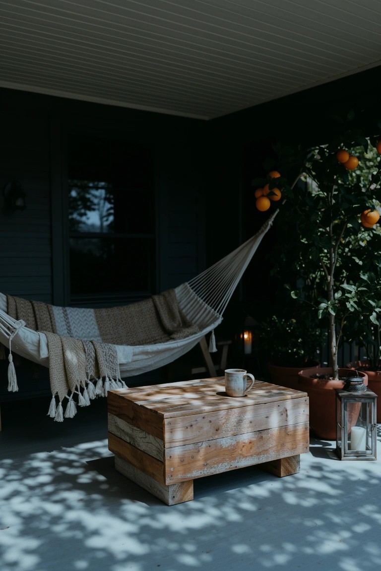 Cozy porch hammock with woven blankets, rustic wooden table, potted orange tree, and lantern
