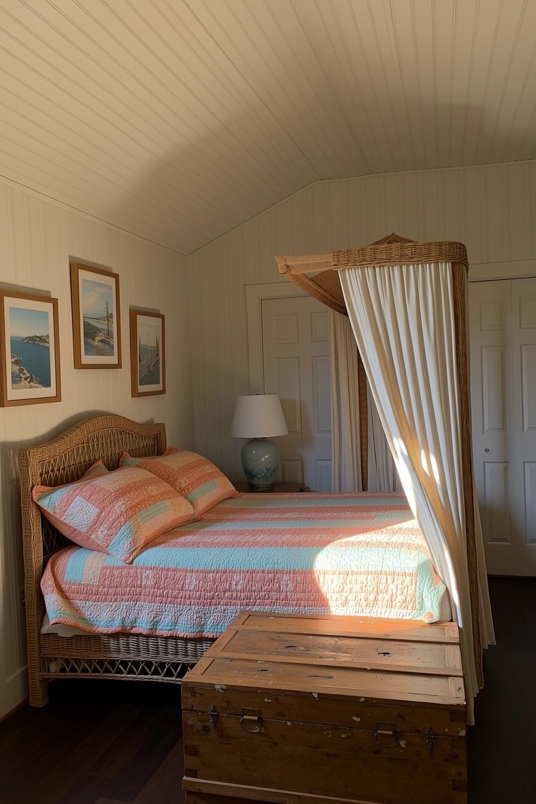 Coastal attic bedroom featuring a rattan bed with orange striped bedding under a white fabric canopy, vaulted white ceiling, and wooden trunk at the foot