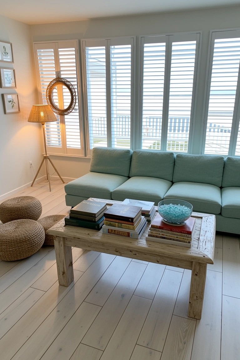 Coastal living room with light blue L-shaped sofa, natural wood coffee table stacked with books and blue candies, woven poufs, lamp, and shuttered windows overlooking the ocean.