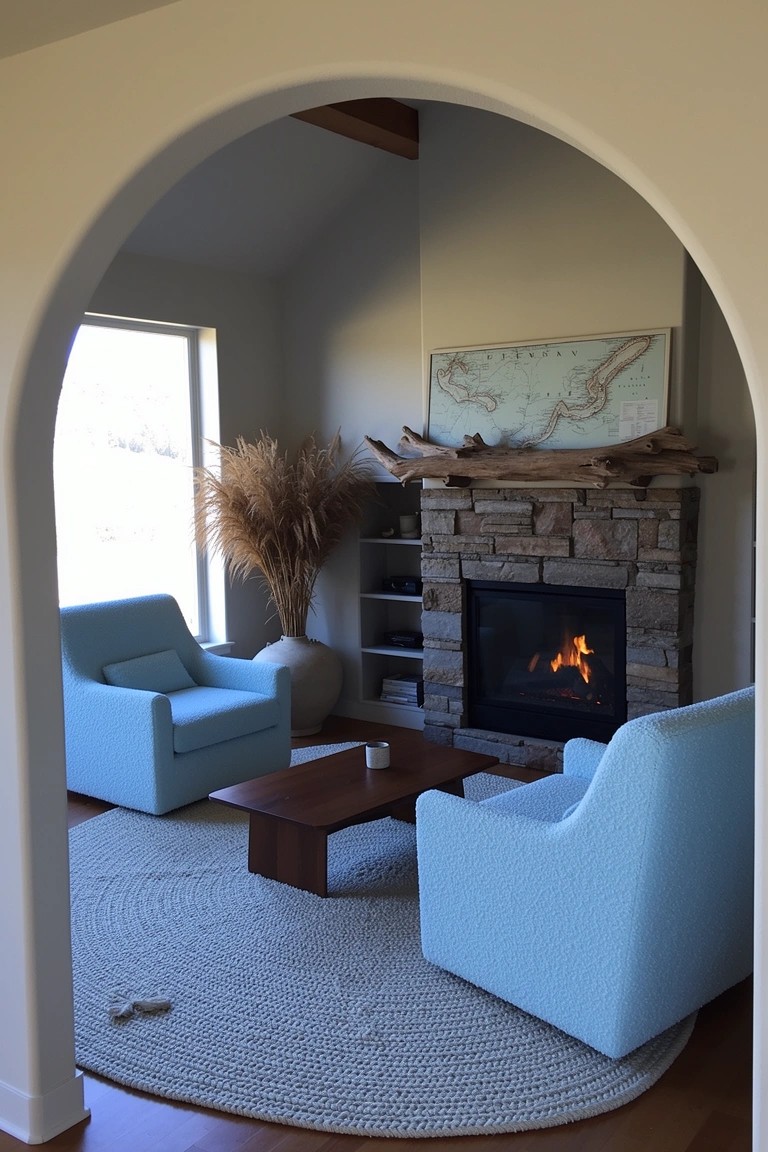 Light blue lounge chairs facing a stone fireplace in an arched nook with pampas grass, driftwood mantel, and nautical map