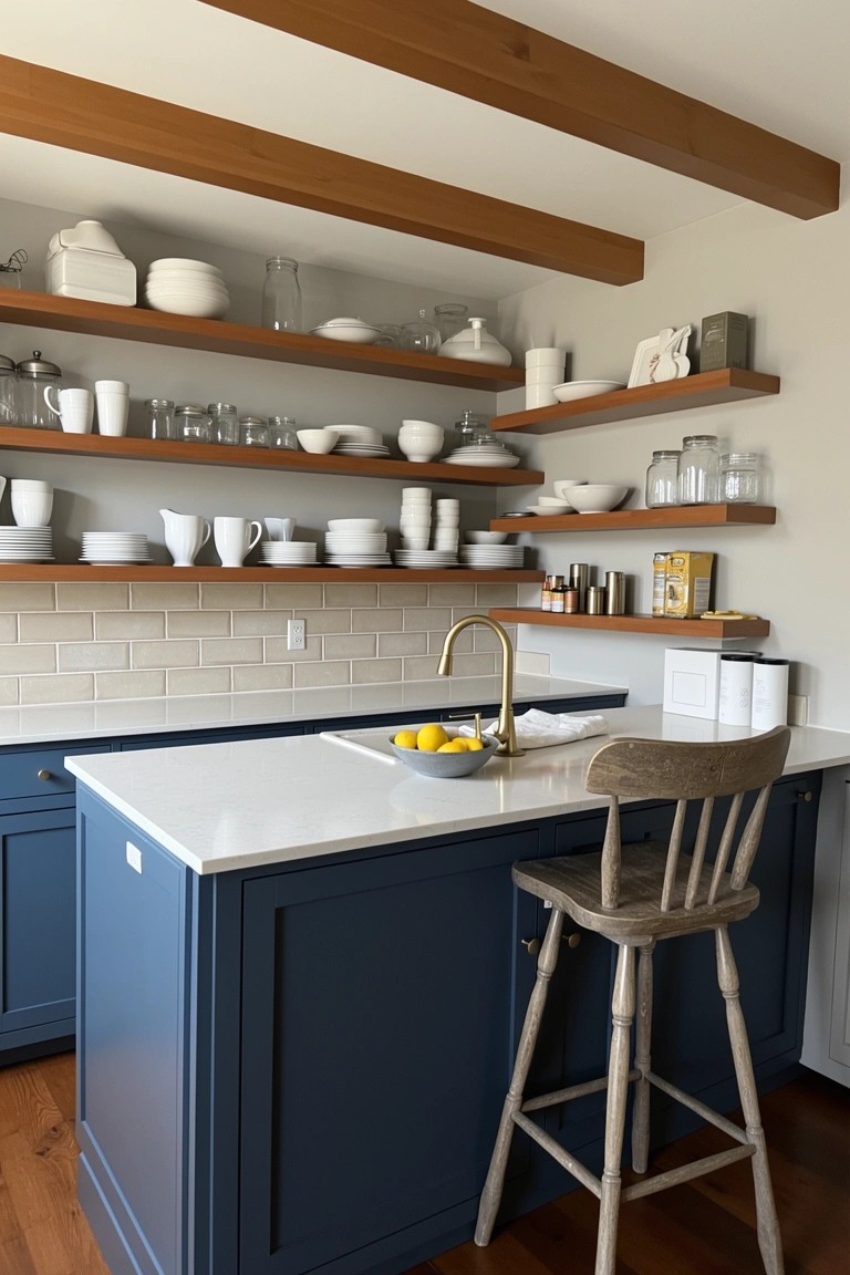 Kitchen island with navy blue cabinets, white countertop and sink, brass faucet, open shelves stocked with white dishes and glassware, wooden stool, subway tile backsplash