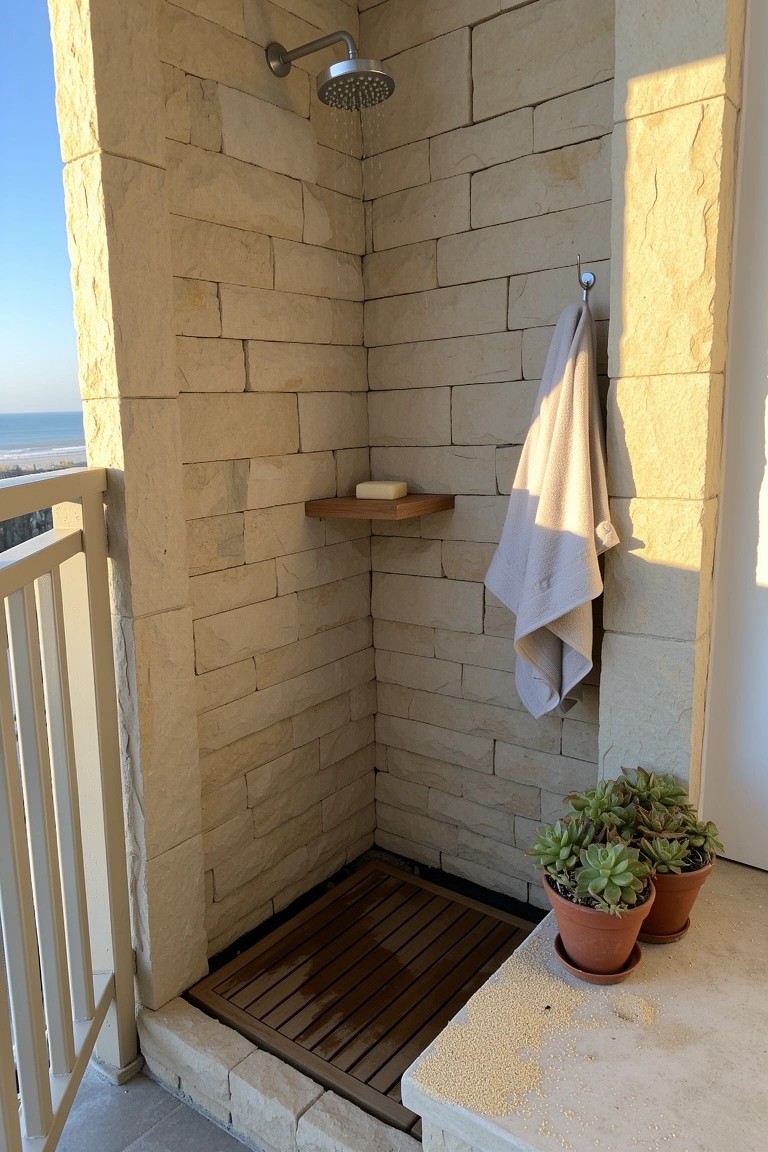 Stone outdoor shower on sunny balcony with wood floor grate, hanging towel, soap dish, and potted succulents