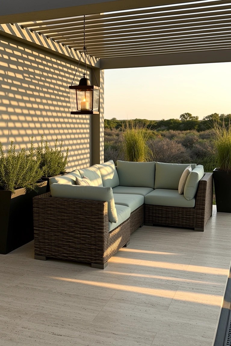 L-shaped woven outdoor sofa with light blue cushions on a light stone patio under slatted pergola with potted plants