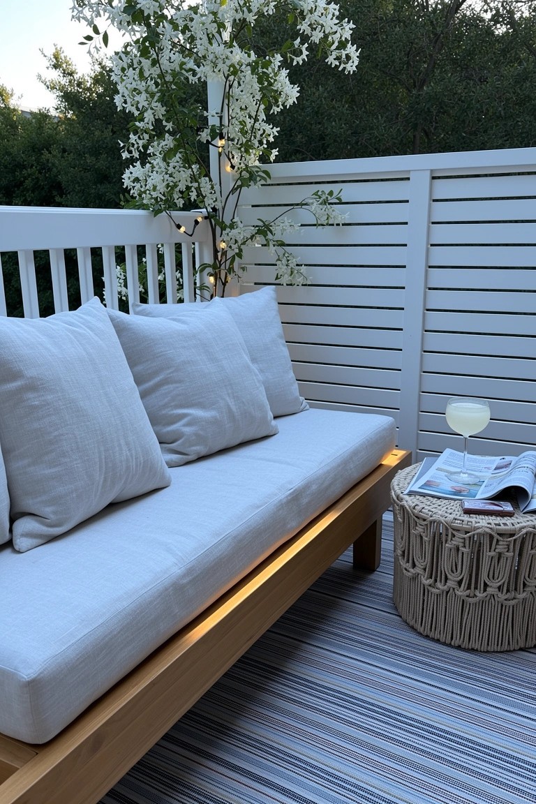 Wooden daybed with white cushions and pillows on a deck railing, woven side table with magazine and stemmed glass nearby