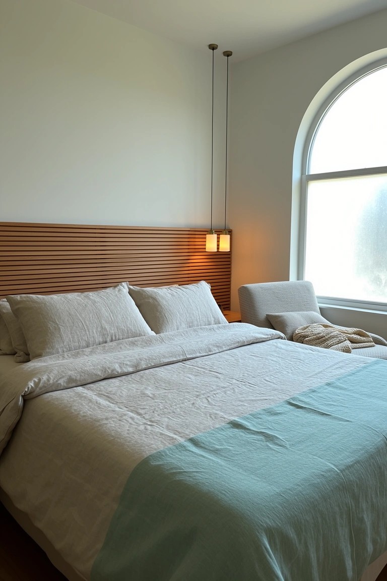 Bedroom with light wooden slat headboard, white linens, teal throw, and arched window