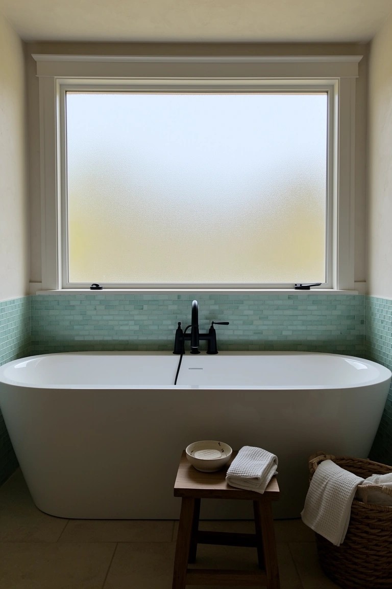 Freestanding white bathtub with turquoise tile backsplash, frosted window above, wooden stool holding bowl and towels