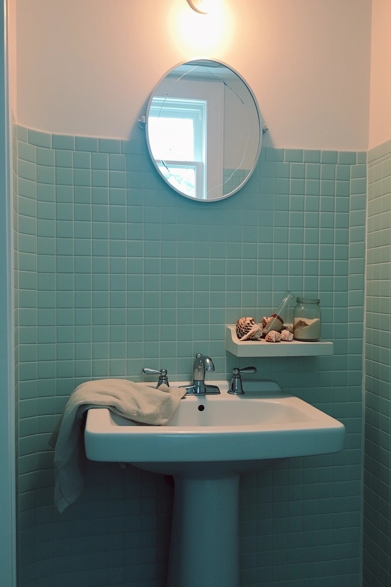 Small bathroom with pastel turquoise tiled walls, white pedestal sink, round mirror above, and seashells on a wall shelf