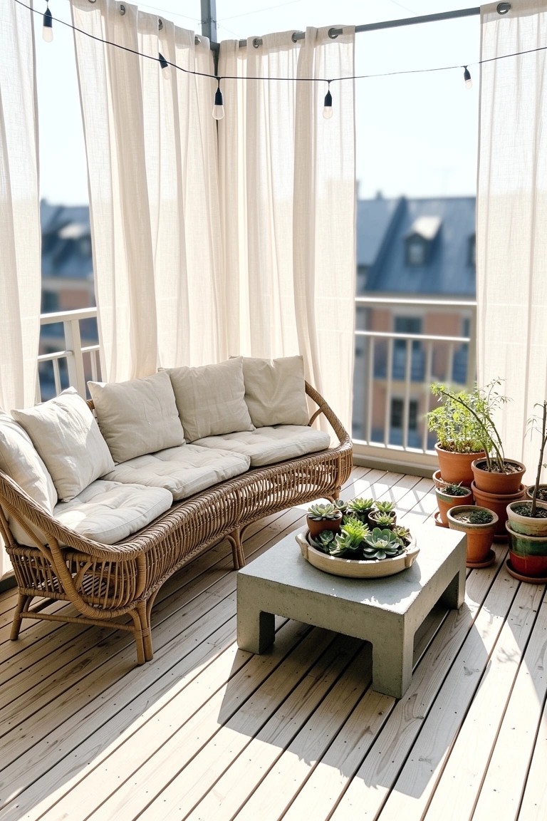 Curved rattan sofa with white cushions on a wooden balcony deck, low concrete table, plants in terracotta pots, and sheer curtains overhead