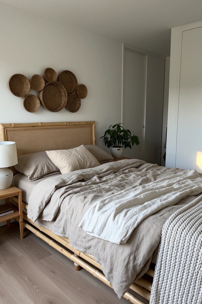 Bedroom with bamboo bed frame, neutral linen bedding, knit throw, and woven basket wall decor