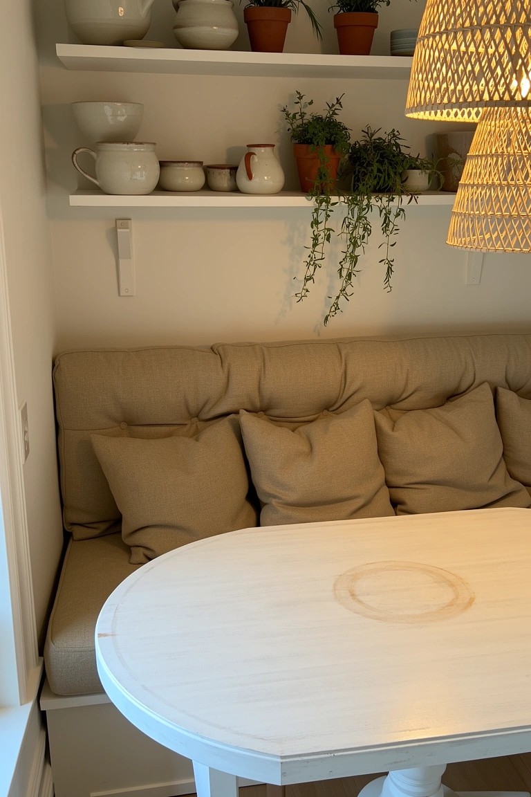 Cozy Scandinavian boho breakfast nook with built-in beige bench cushions, oval white pedestal table, open shelves holding white pottery and potted plants, rattan hanging lamp