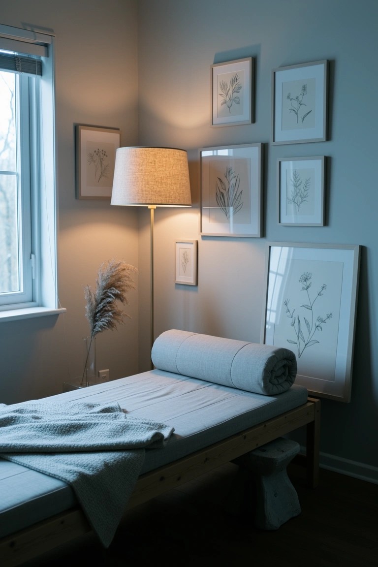 Cozy corner nook with low wooden daybed, neutral bedding, pampas grass, and botanical wall art in soft light