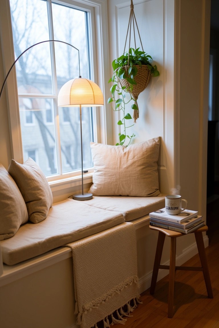 Cozy beige window bench with pillows, throw blanket, books, mug, stool, hanging plant, and arc floor lamp next to a large window
