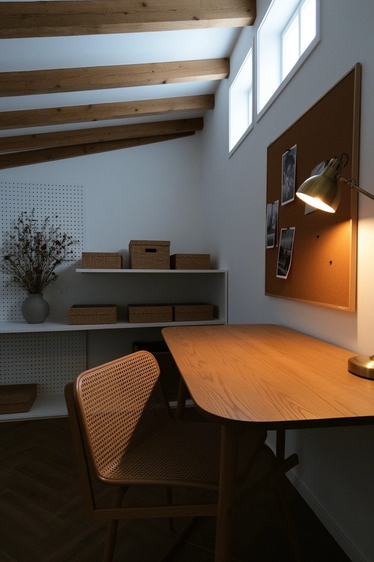 Cozy Scandinavian Boho home office nook with exposed wooden ceiling beams, light wood desk, woven chair, and open white shelving