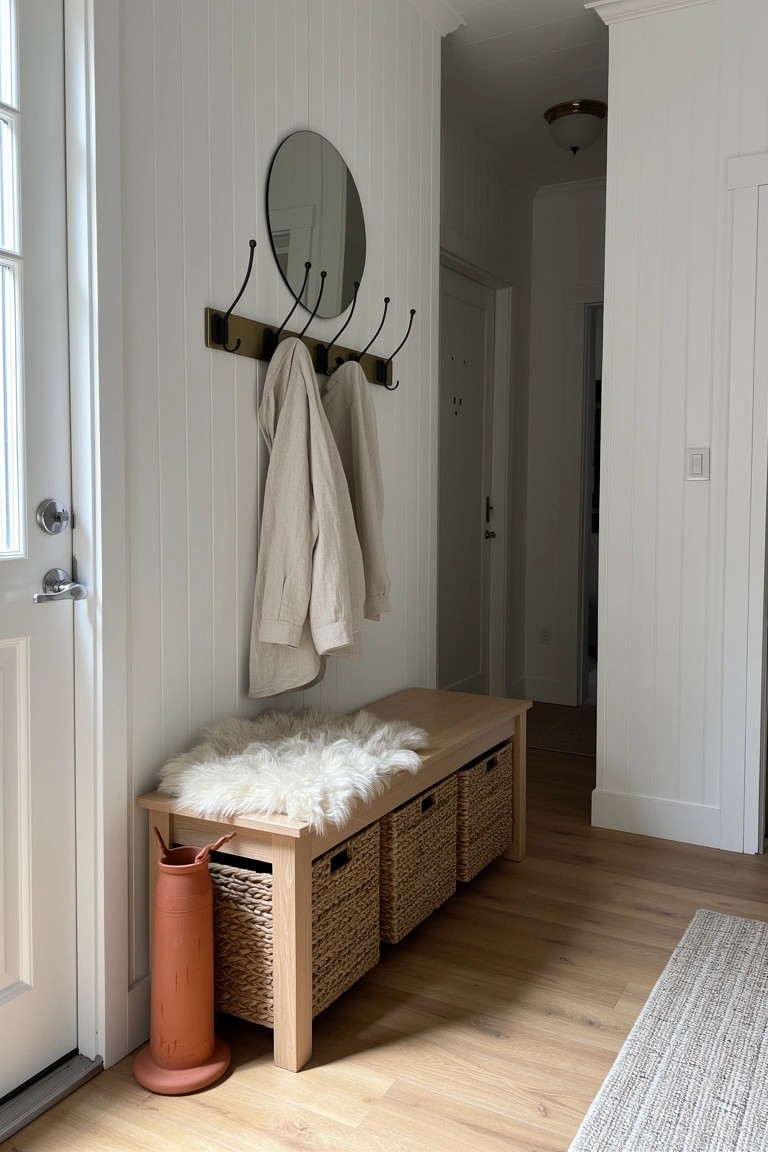 White entryway with wooden bench featuring storage cubbies filled with wicker baskets, sheepskin throw on seat, coat hooks with mirror above, and terracotta umbrella stand on light wood floors