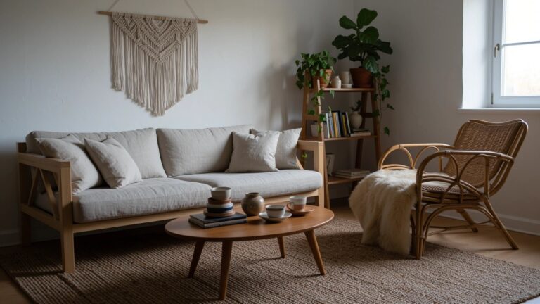 Cozy living room corner with light oak sofa, low coffee table, ceramic pots, plants, macrame wall hanging, and rattan chair on wood floors
