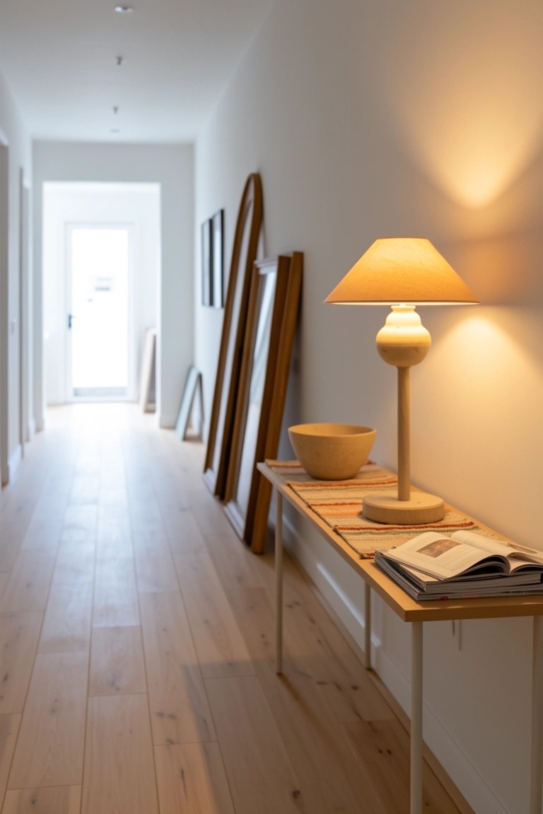 Long white hallway with slim wooden console table topped by books, bowl, and lamp, leaning wood frames on wall