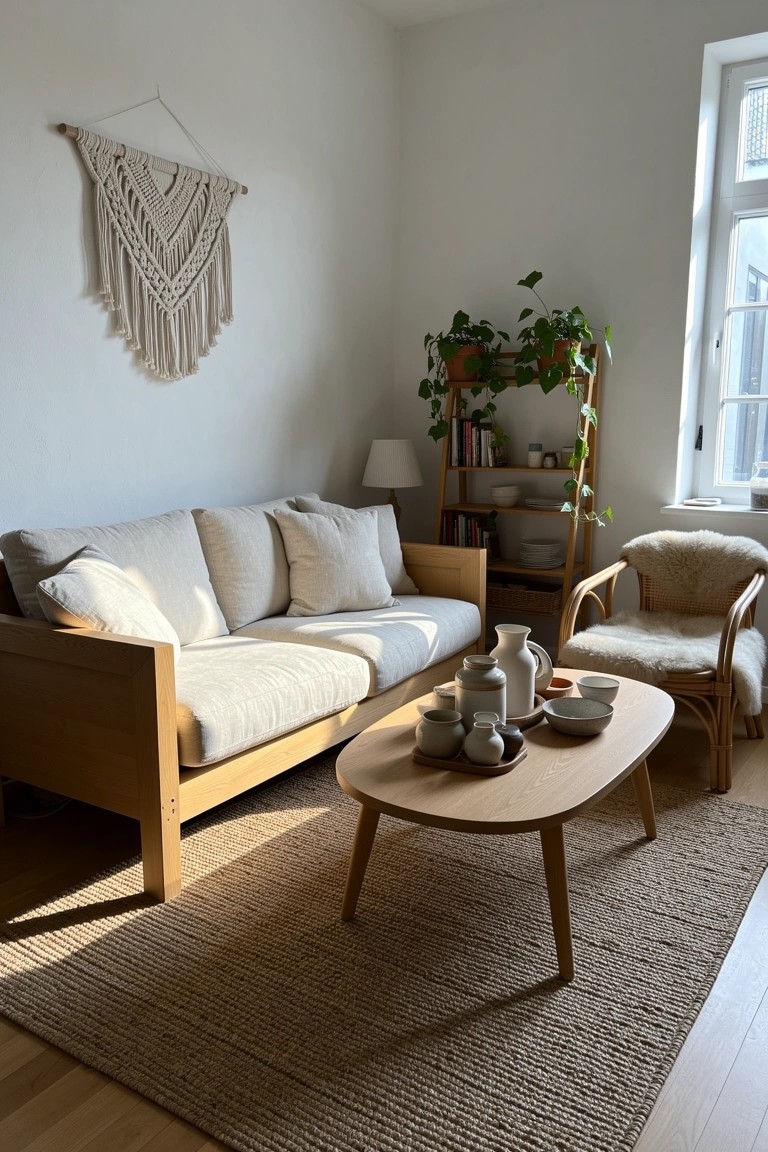 Cozy living room corner with light oak sofa, low coffee table, ceramic pots, plants, macrame wall hanging, and rattan chair on wood floors
