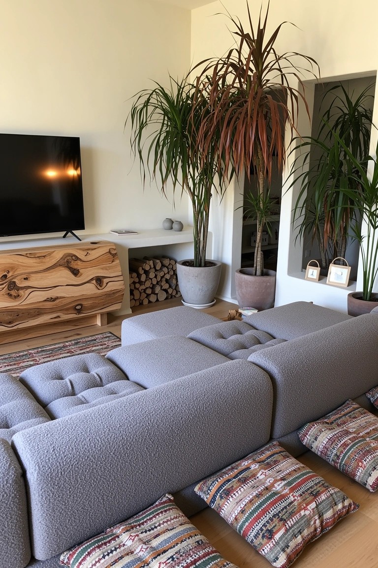 Light living room featuring a low modular gray sofa with tufted cushions, colorful patterned floor pillows, tall potted plants, and a wooden credenza.