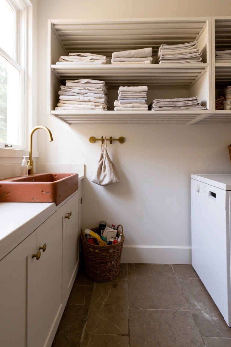 Open wooden shelves stacked with folded white linens in a light laundry room with brass sink and woven baskets