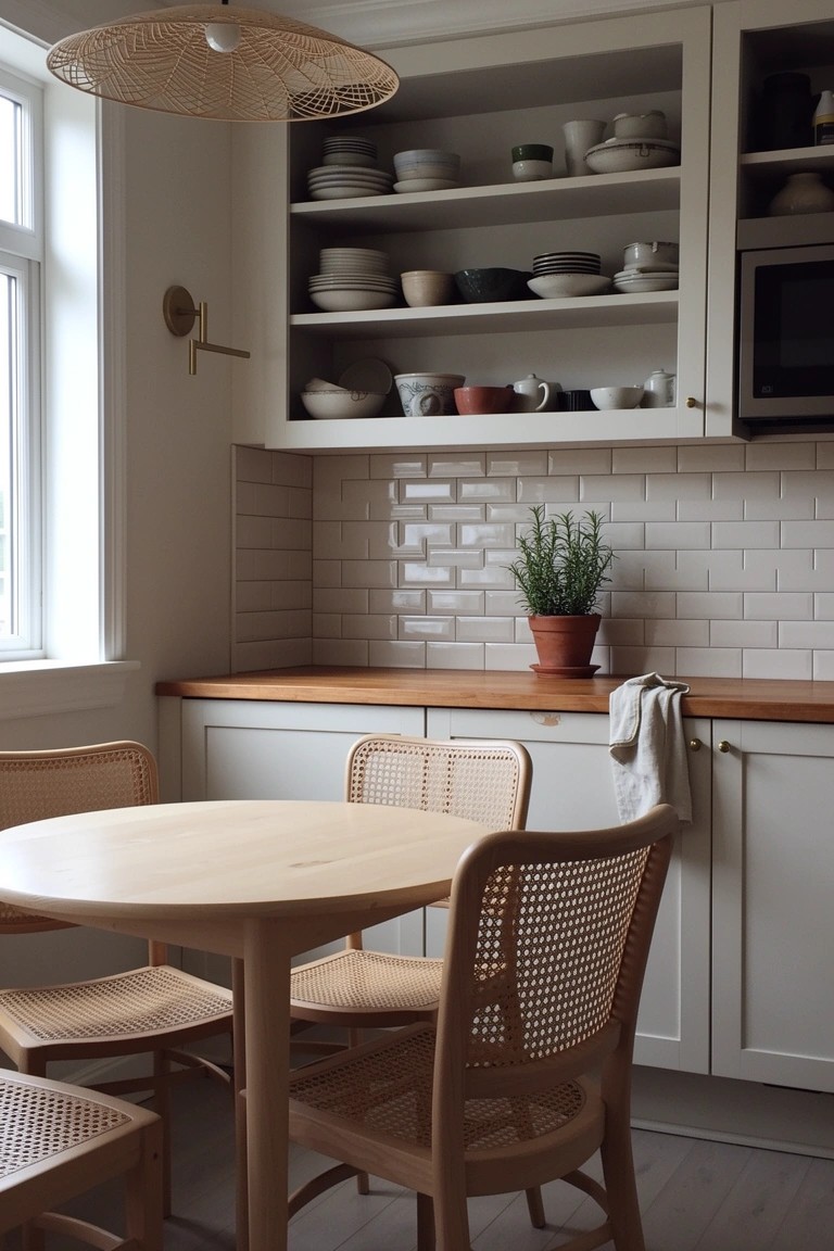 Round light wood table with rattan chairs in a white scandinavian kitchen with open shelves and subway tile