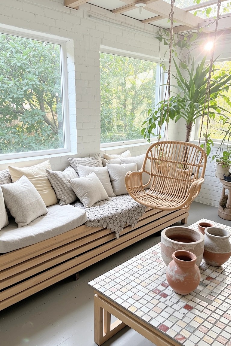 Sunlit room with white brick walls, rattan hanging chair piled with neutral cushions, cushioned bench, potted plants, and terracotta pots on tiled table