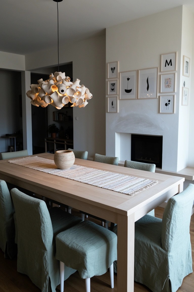 Neutral dining room with light wood table, blue slipcovered chairs, organic pendant light, table runner with vase, and framed art above a white fireplace