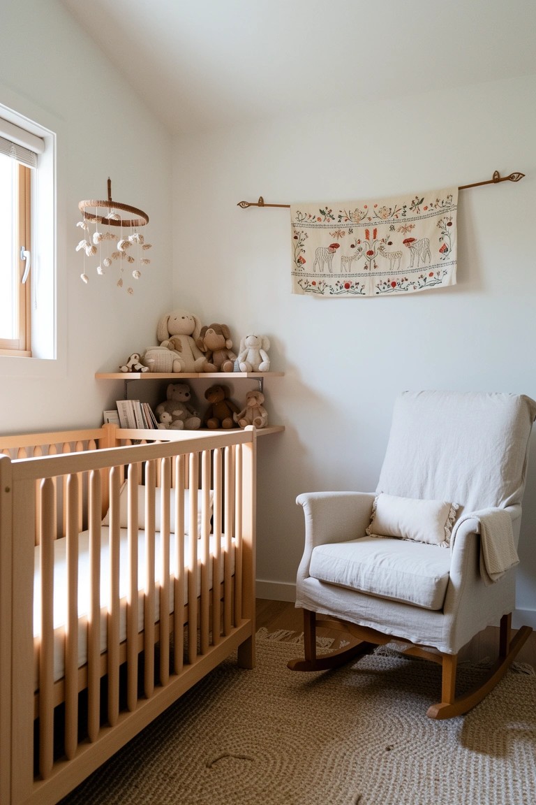 Light nursery with natural wood crib, neutral fabric rocking chair, teddy bear shelf, boho floral wall hanging, and mobile
