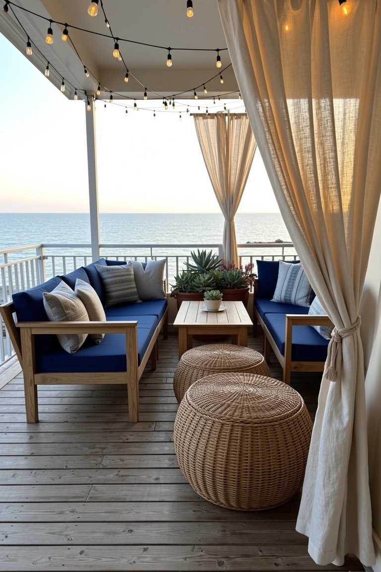 Blue cushioned wooden sofas facing each other on a balcony deck with low wood table, wicker ottomans, plants, and sheer curtains